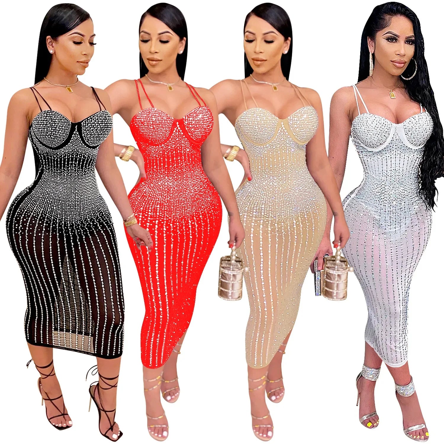 Mesh See Though Hot Rhinestones Plunging V-neck Midi Bodycon Dress Women Sexy Club Party Dresses Pencil Vestidos