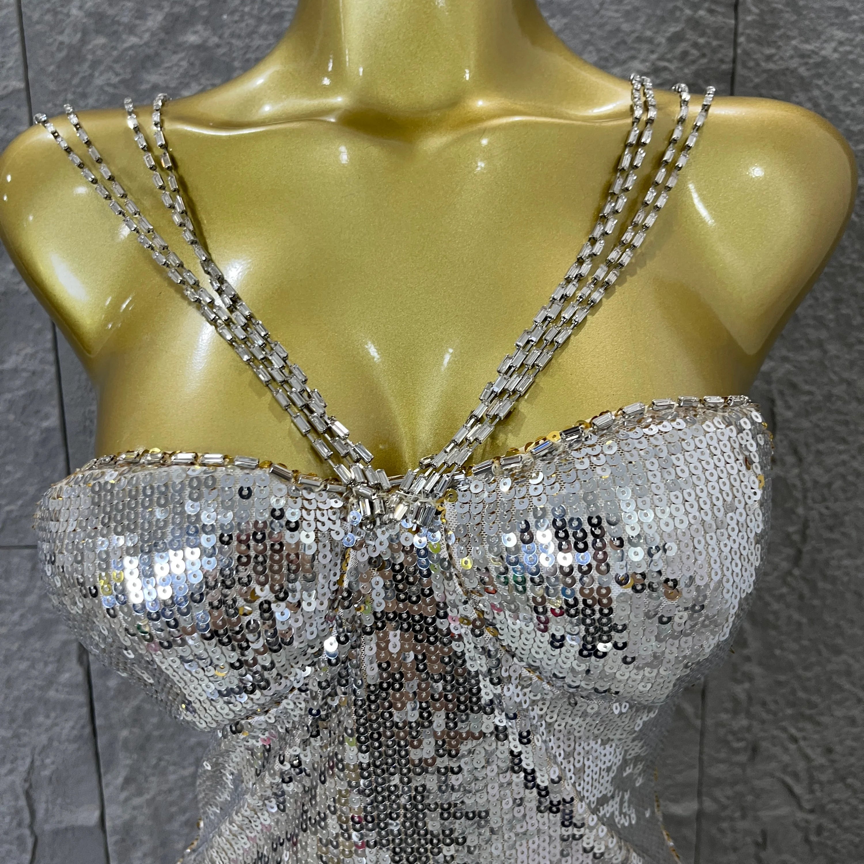 Classic Gold Sequin Mermaid Dress Rhinestone Chain Shoulder Straps Sweetheart Neck Formal Evening Gala Photoshoot Cocktail Party