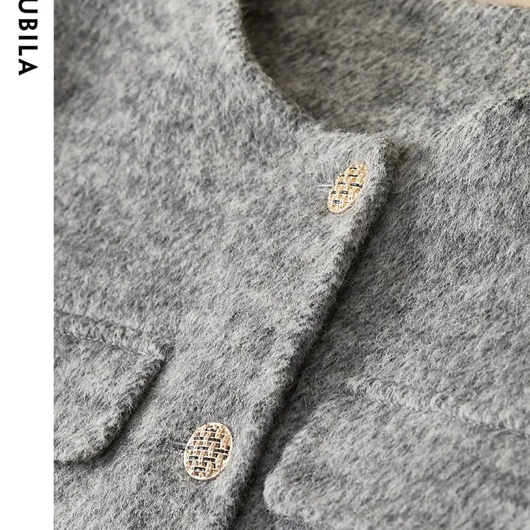 Winter Wool Blend Coats for Women Round Neck Long Sleeve Double-faced Woolen Cropped Jacket Elegant Outerwear