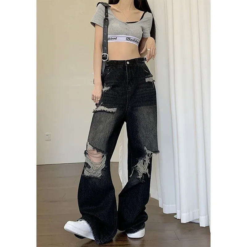 Trendy High Waisted Ripped Jeans for Women, Black Denim Pants with Unique Hole Washed Vibe Gothic Style Baggy Rip Jeans Woman