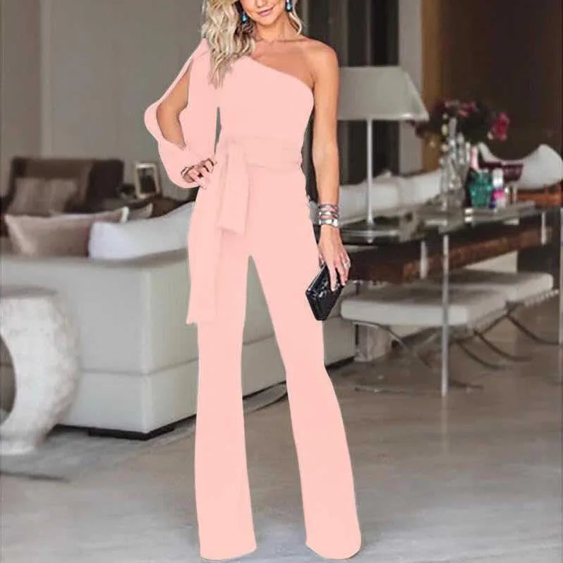 Summer New Women's High Waist Tie Up Solid Color Slim Fit Sexy Jumpsuit Slant Shoulder Elegant Banquet Women's Wear pink