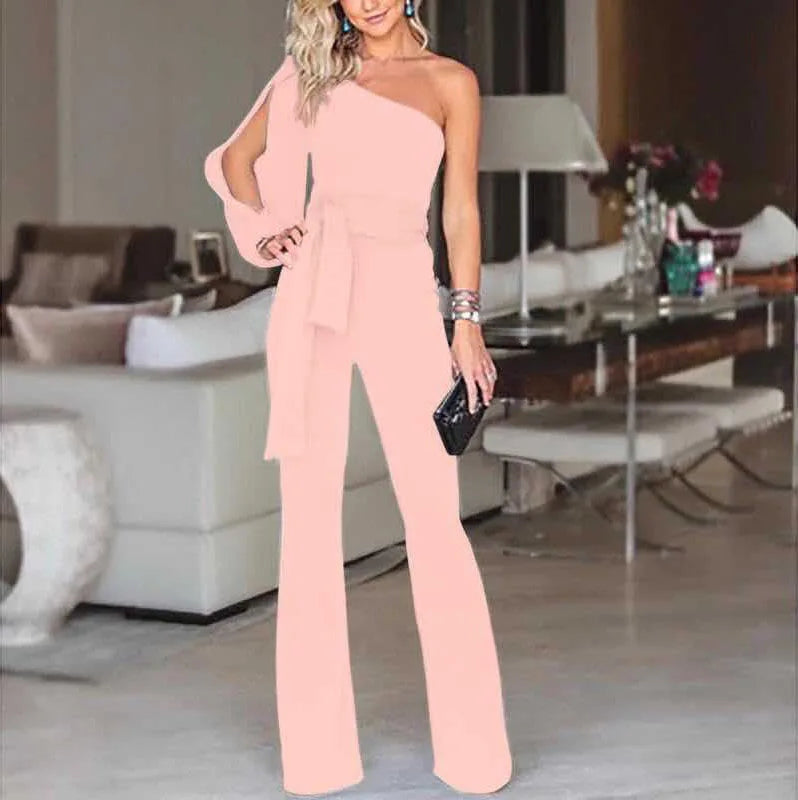 Summer New Women's High Waist Tie Up Solid Color Slim Fit Sexy Jumpsuit Slant Shoulder Elegant Banquet Women's Wear pink