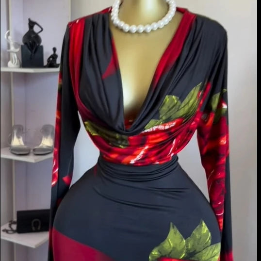 Women Rose Printed Long Sleeve Pile Neck Bodycon Midi Maxi Long Dress 2025 Summer Birthday Vacation Sexy Party Dresses