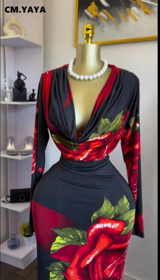Women Rose Printed Long Sleeve Pile Neck Bodycon Midi Maxi Long Dress 2025 Summer Birthday Vacation Sexy Party Dresses