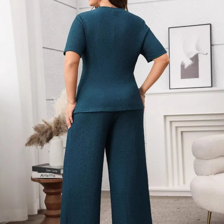 Plus Size Summer 2 Two Piece Set Women Irregular Slim Waist Fashion Ladies Blouses Wide Leg Loose Pleated Woman Long Pants