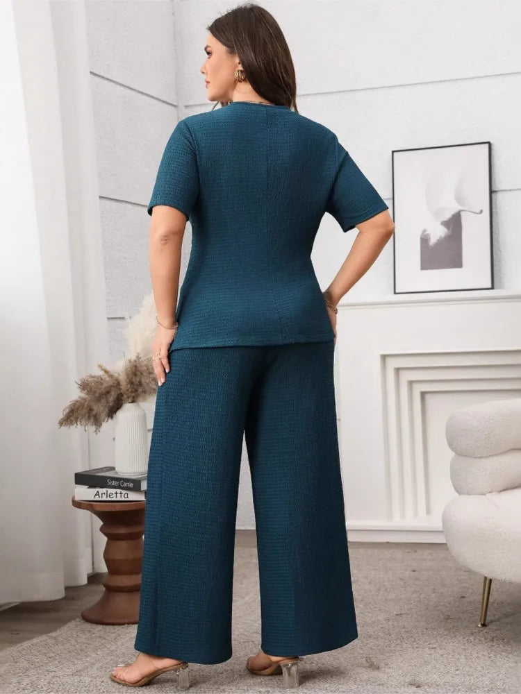 Plus Size Summer 2 Two Piece Set Women Irregular Slim Waist Fashion Ladies Blouses Wide Leg Loose Pleated Woman Long Pants