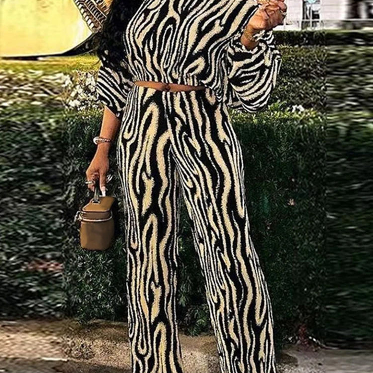 Plus Size VONDA Women Pant Sets Zebra-stripe Bohemian Printed 2PCS Long Sleeve Skew Collar Top and High Waist Pants Casual Sets black