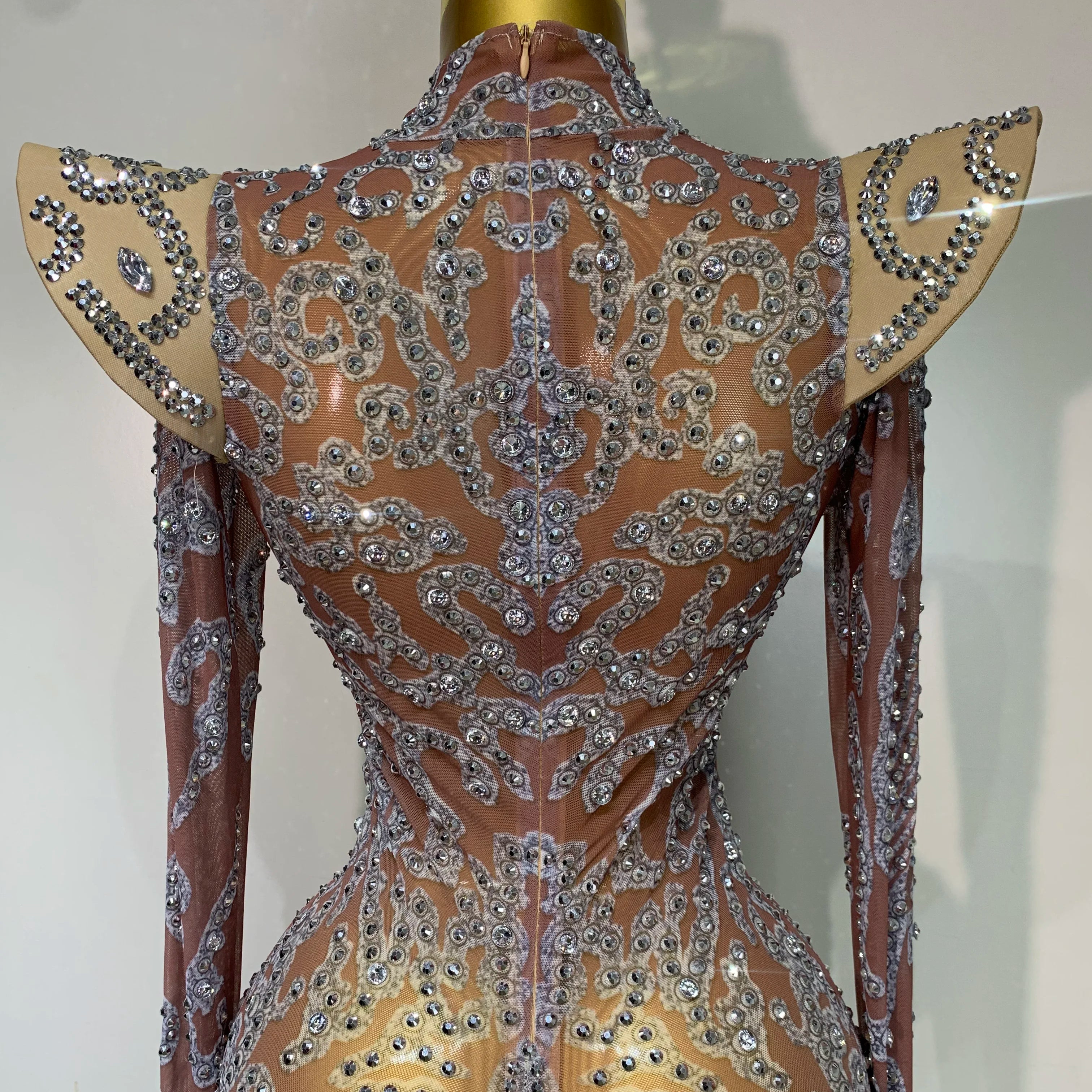 Women Shiny Rhinestones Mesh Transparent Mini Dress Luxury Birthday Celebrate Photoshoot Dress Singer Stage Drag Queen Costume