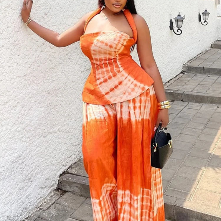CM.YAYA Fashion Tie Dye Printed Women's Set Halter Neck Crop Top and Loose Wide Leg Pants 2025 Two 2 Piece Sets Outfit Tracksuit