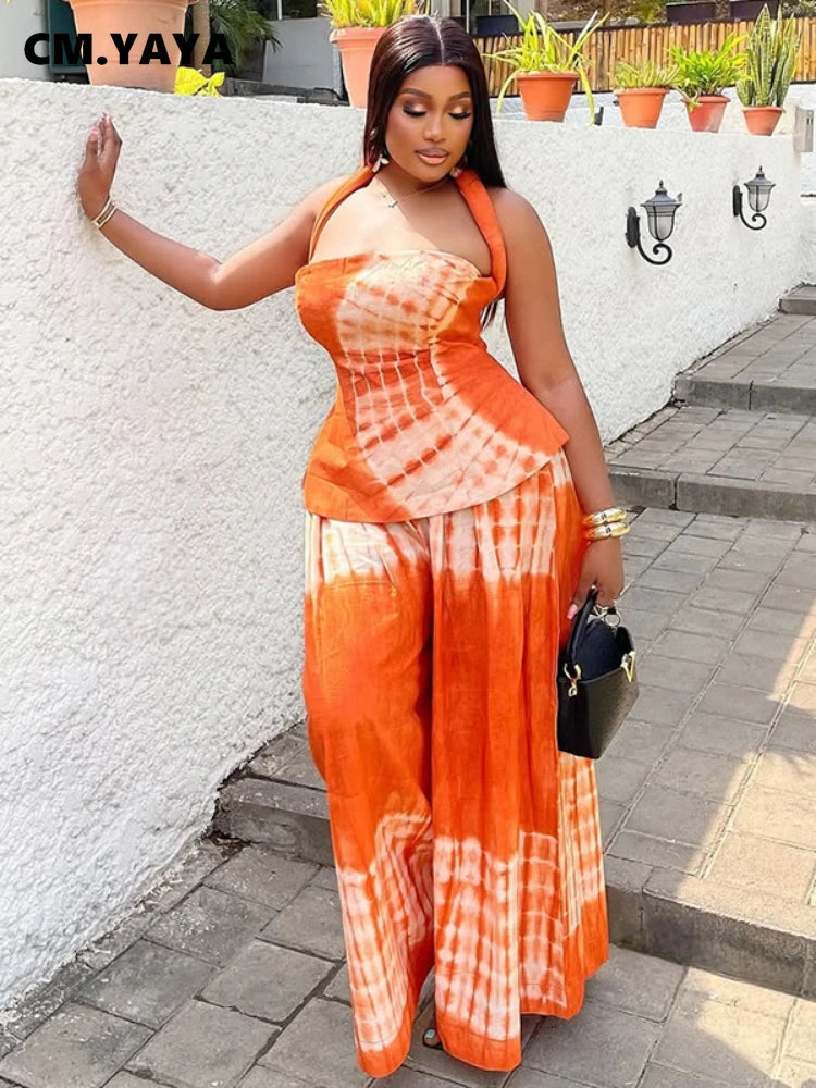 Fashion Tie Dye Printed Women's Set Halter Neck Crop Top and Loose Wide Leg Pants 2025 Two 2 Piece Sets Outfit Tracksuit