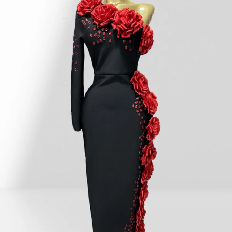 2025 New Red Flowers Shining Diamonds Sexy Oblique Shoulder Black Bandage Dress Woman Birthday Party Dress Wedding Party Outfit Red