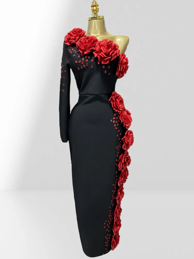 2025 New Red Flowers Shining Diamonds Sexy Oblique Shoulder Black Bandage Dress Woman Birthday Party Dress Wedding Party Outfit Red