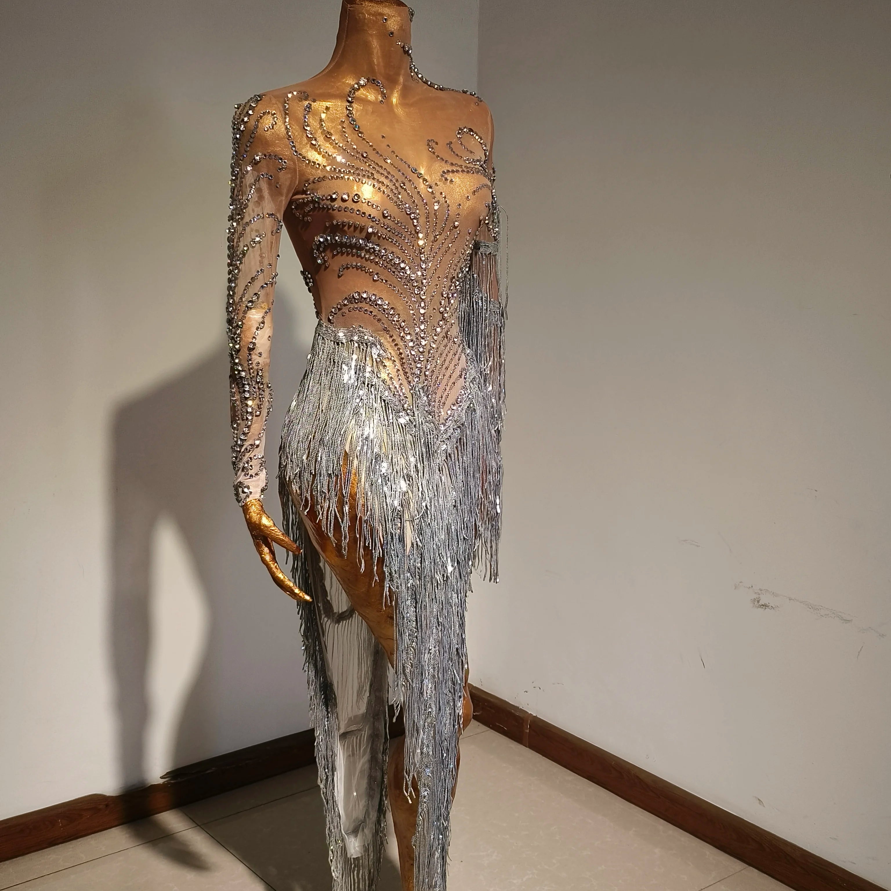 Sparkly Rhinestone Sequins Tassel Sexy Mesh See Through Dress Women Evening Birthday Party Nightclub Dance Singer Stage Outfit