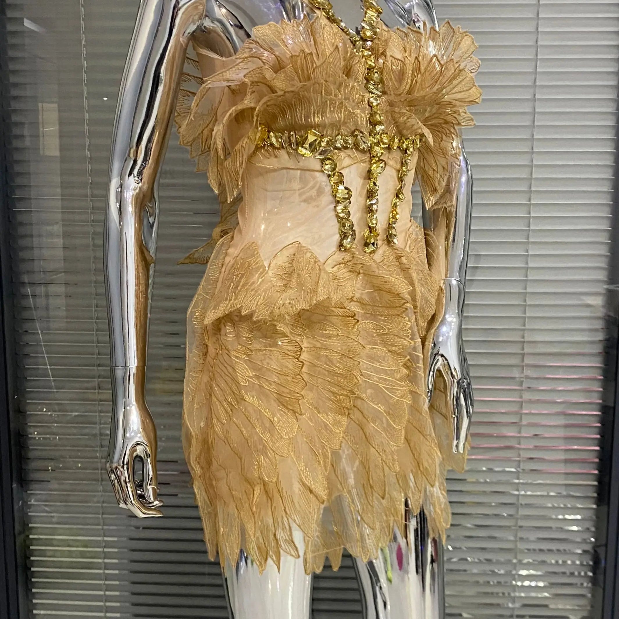 Gold Color Women Sexy Halter Crystal Bodycon Mini Dress Celebrate Birthday Party Girls' Nightclub Bar SInger Dress