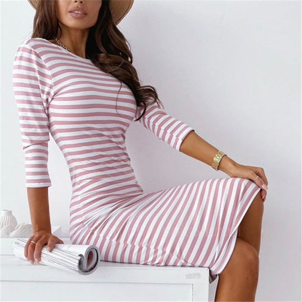 Womens Backless 3/4 Sleeve Midi Knee Length Dress Bodycon Ladies Party Striped Slim Dresses Pink