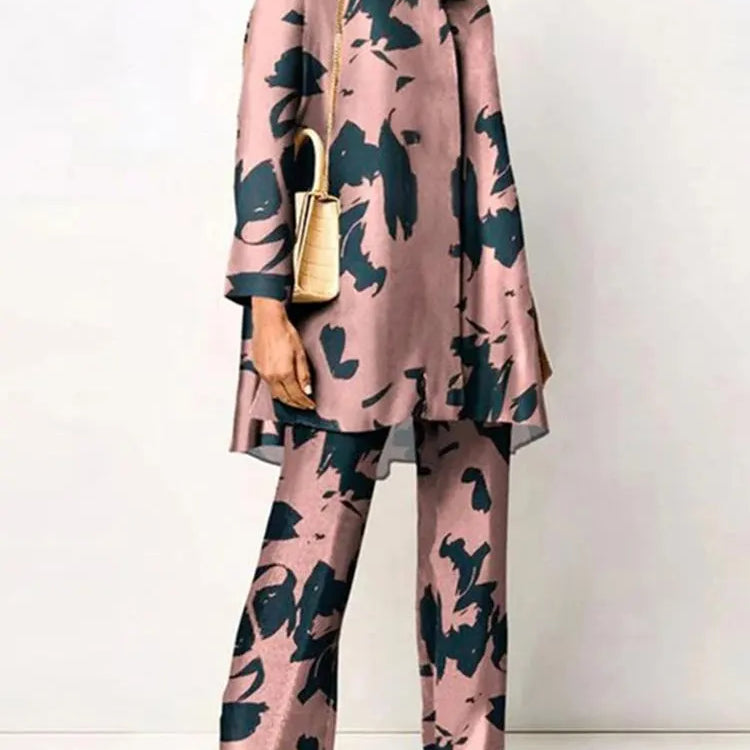 ZANZEA Women Casual Pants Sets Outfits Oversized Fashion Printed Long Sleeve Blouse Wide Leg Pant Streetwear Loungewear Set Suit Pink