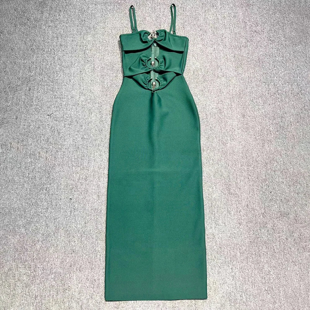 2024 Summer Beach Holiday Dress For Women Sexy Spaghetti Strap Hollow Out Metal Circle Design Bandage Tight Long Dress green
