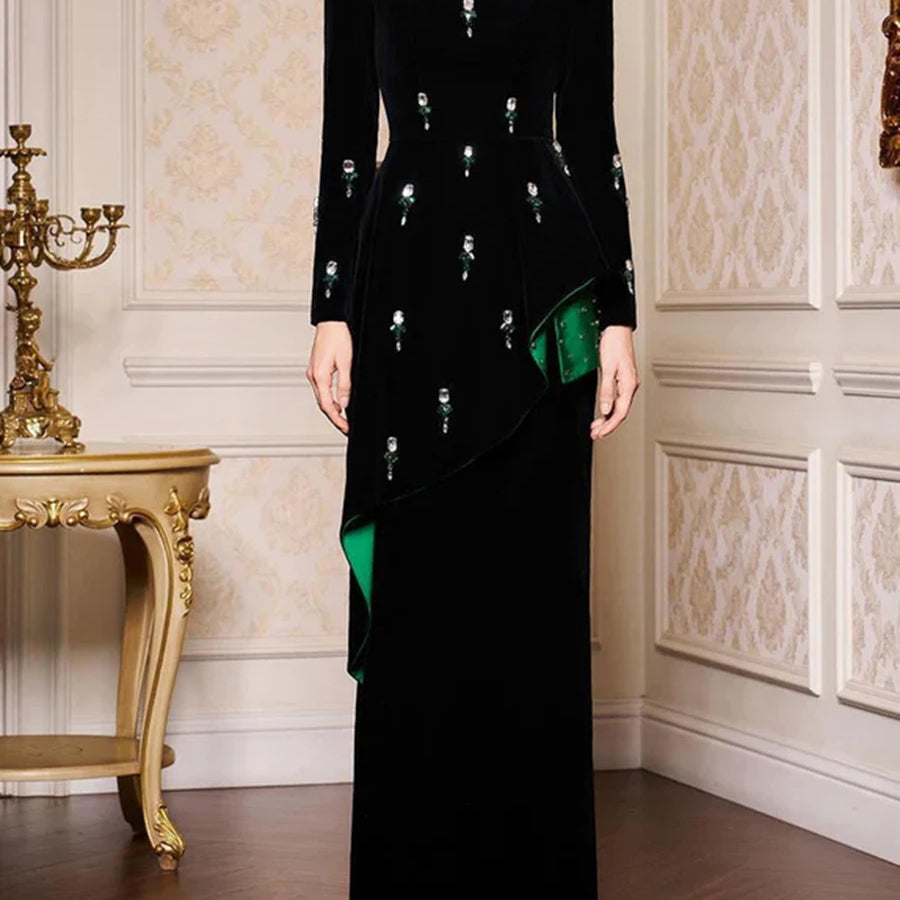 Colorblock Spliced Bead Luxurious Two Piece Sets for Women Square Neck Long Sleeves Top High Waist Skirt Set Female