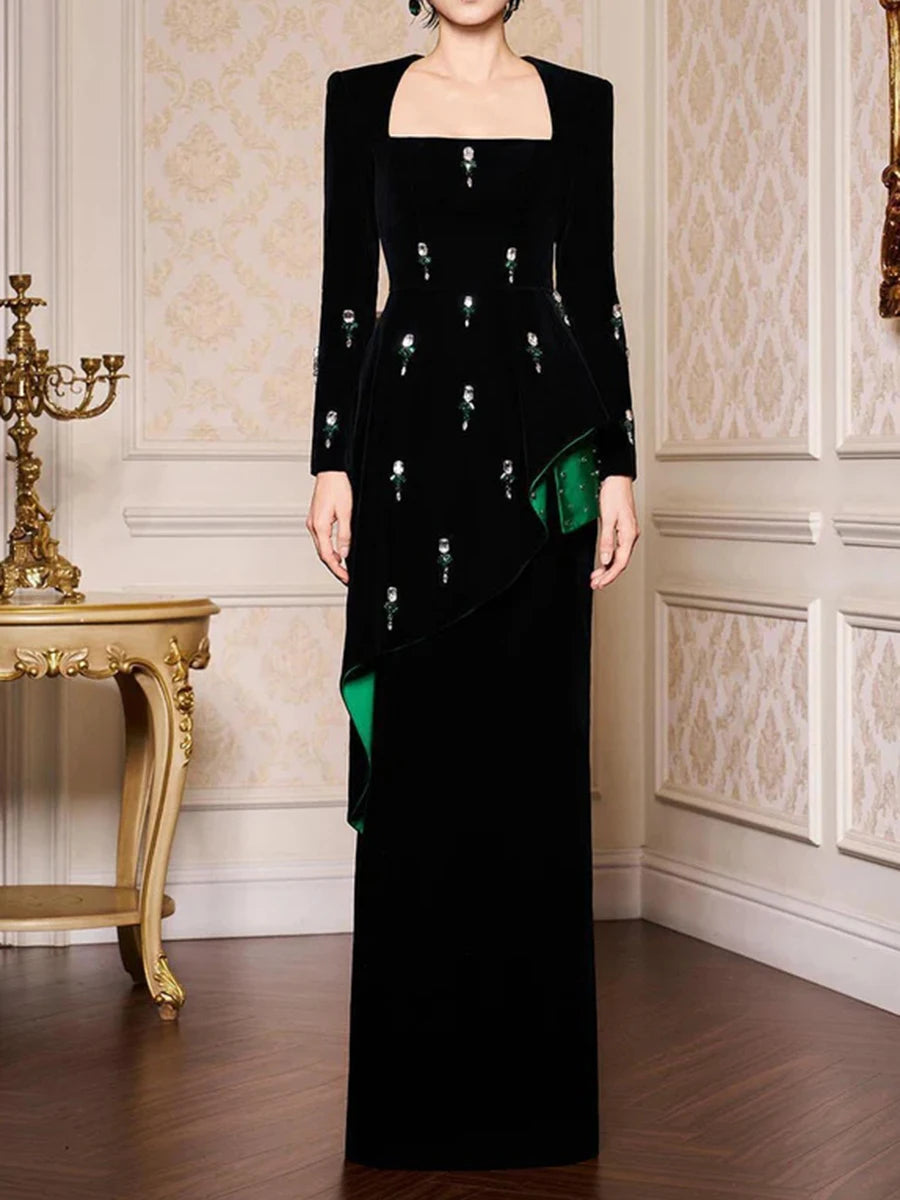 Colorblock Spliced Bead Luxurious Two Piece Sets for Women Square Neck Long Sleeves Top High Waist Skirt Set Female