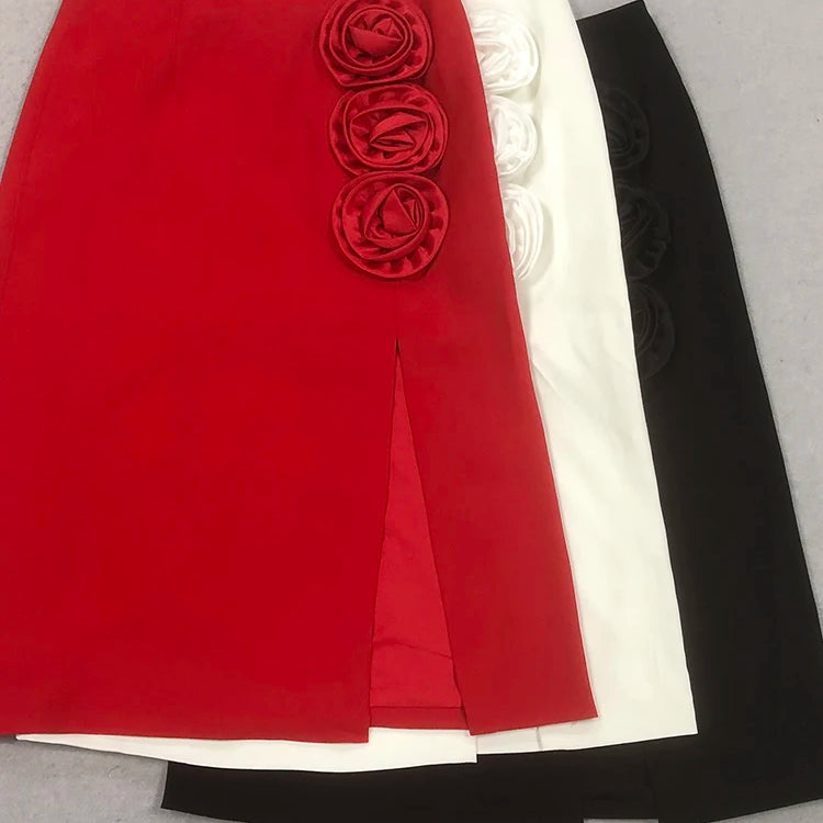 Stylish Chic Casual Red High Waisted Midi Bandage Dress Three Dimensional Roses and Slits Party Outdoor Skirt