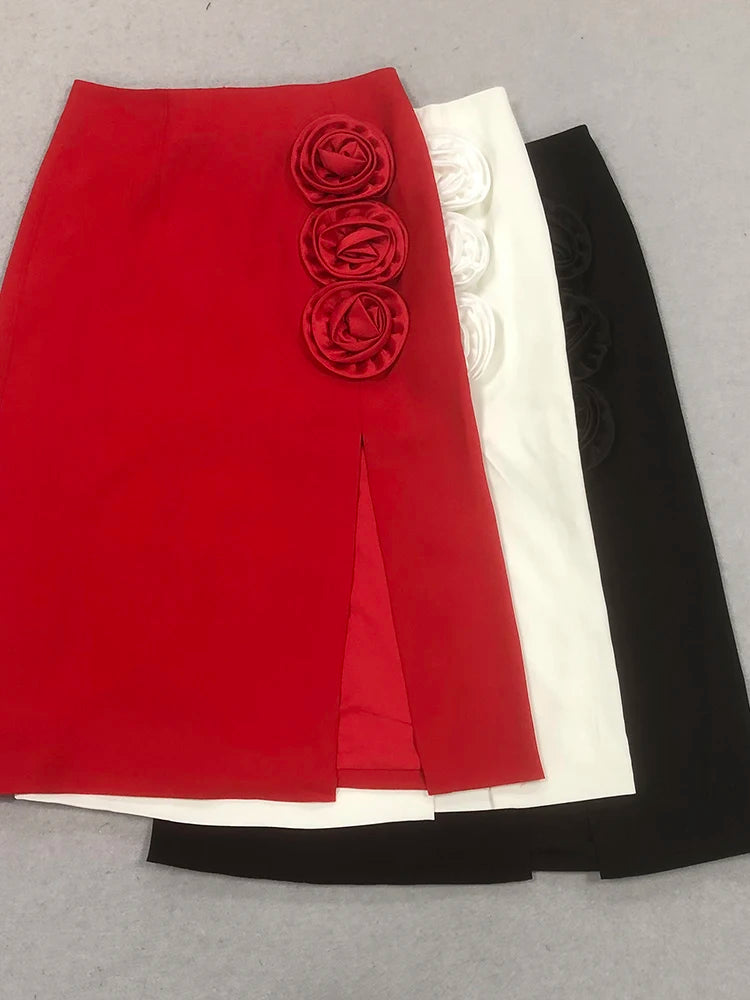 Stylish Chic Casual Red High Waisted Midi Bandage Dress Three Dimensional Roses and Slits Party Outdoor Skirt