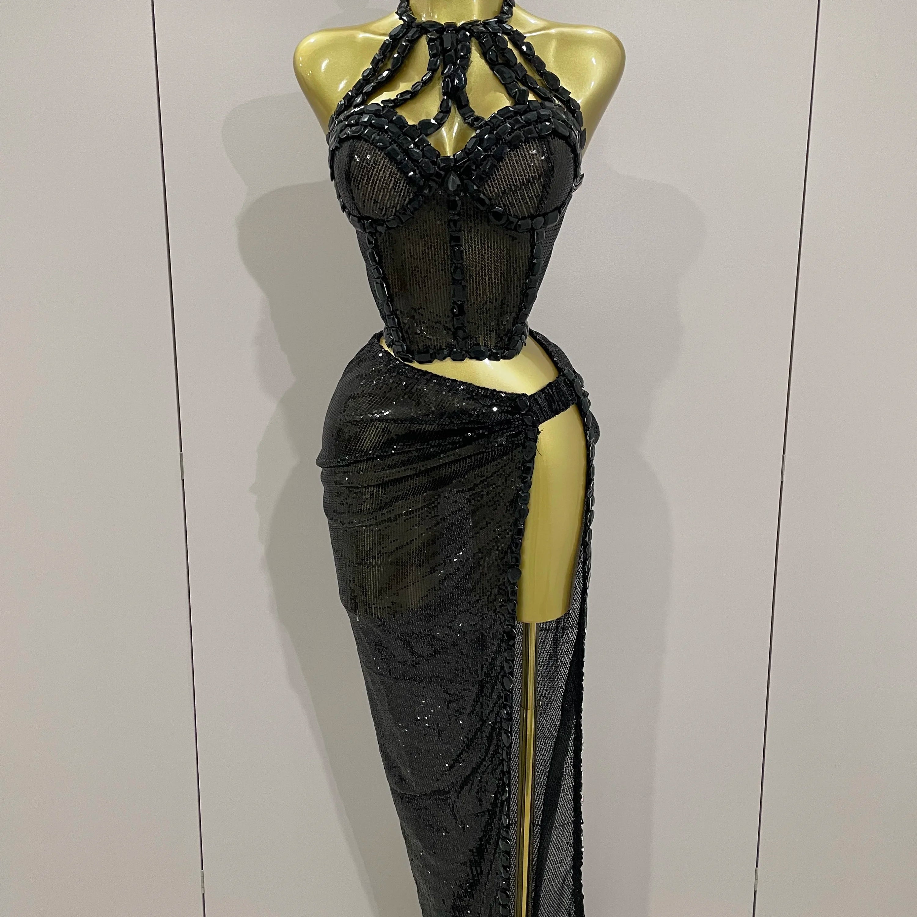 Sexy Luxury Shiny Diamond Sequins Cocktail Dress 2Pcs Set 2025New Women Evening Celebrate Birthday Party Nightclub Stage costume black