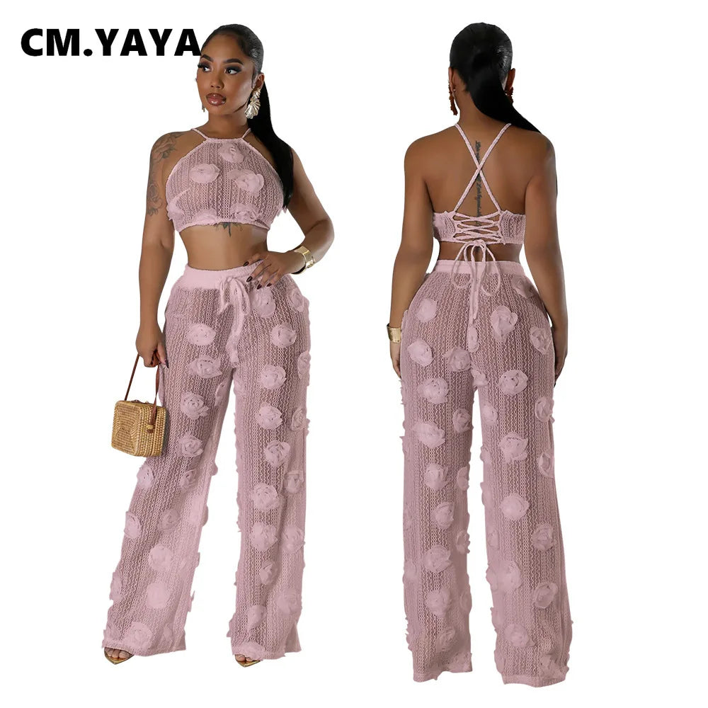 CM.YAYA Women Set 3D Flower Sleeveless Strap Tops +Wide Leg Pants Two 2 Piece Sets Outfit Perspective Summer Sexy Streetwear