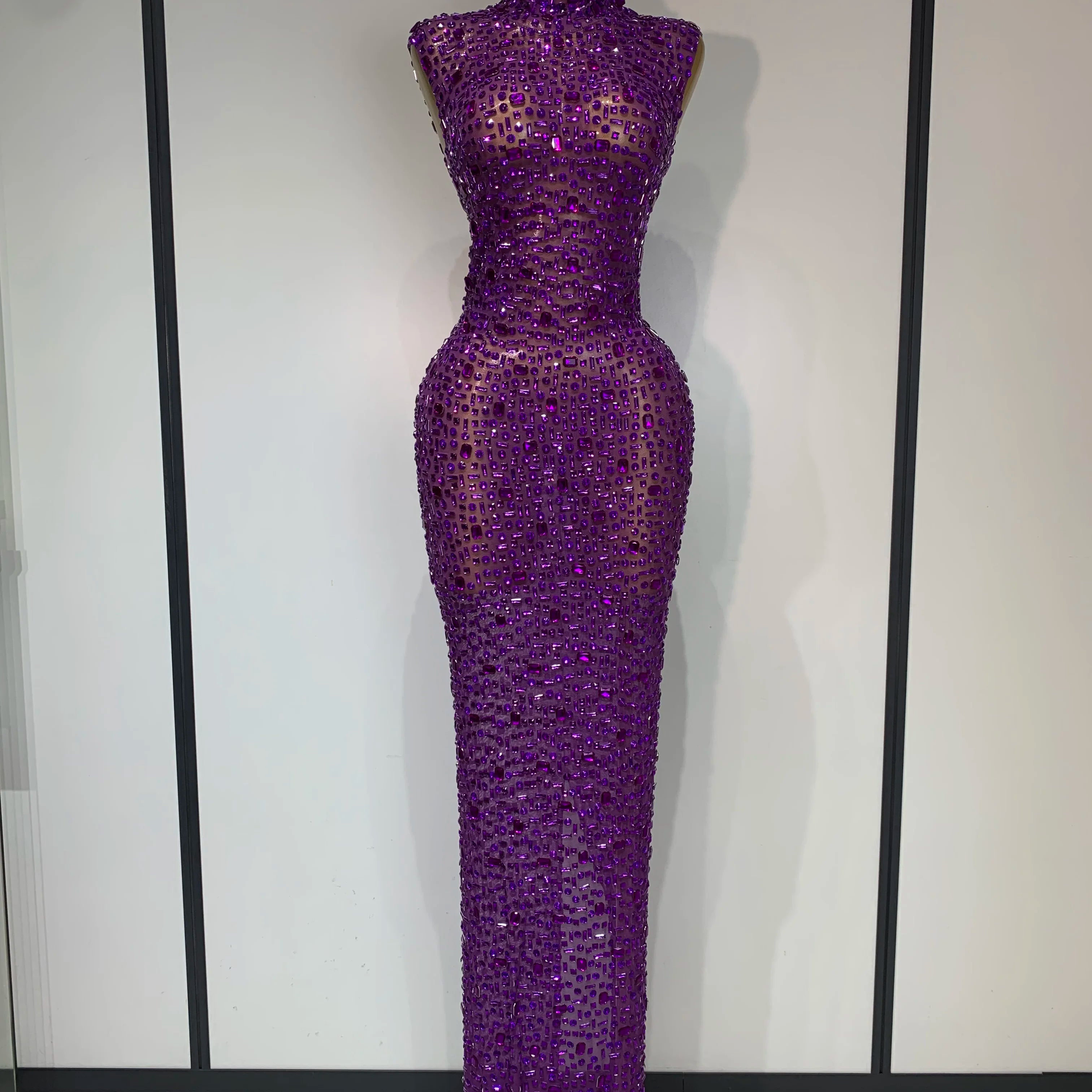 Sparkly Rhinestone Sleeveless Stretch Long Dress Women Sexy Mesh Celebrate Evening Prom Luxury Birthday Dress Evening Party Wear PURPLE