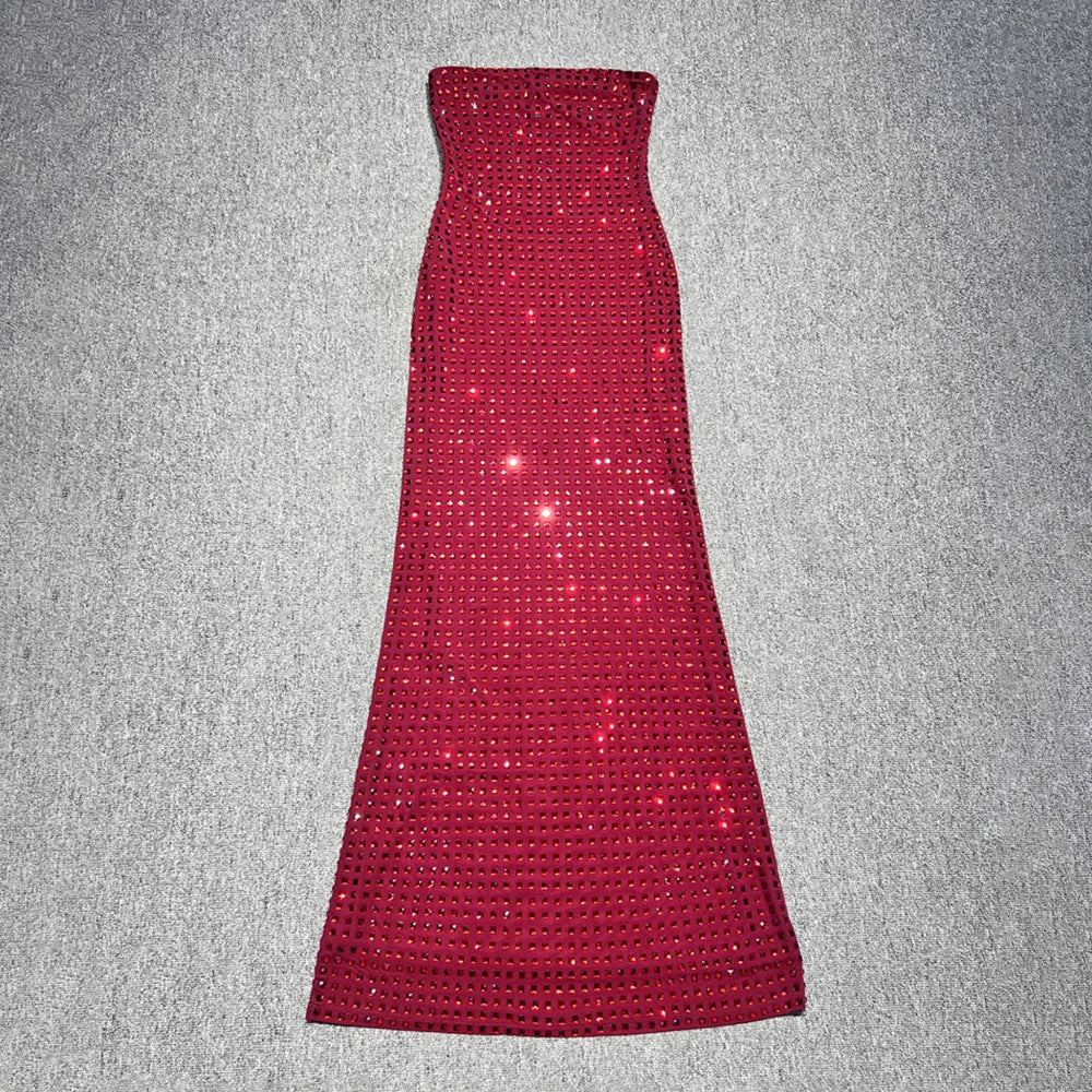 Redwine Beaded Strapless Long Maxi Dress For Women Elegant Sleeveless Backless Sparkle Crystals Bodycon Cocktail Evening Gown Red