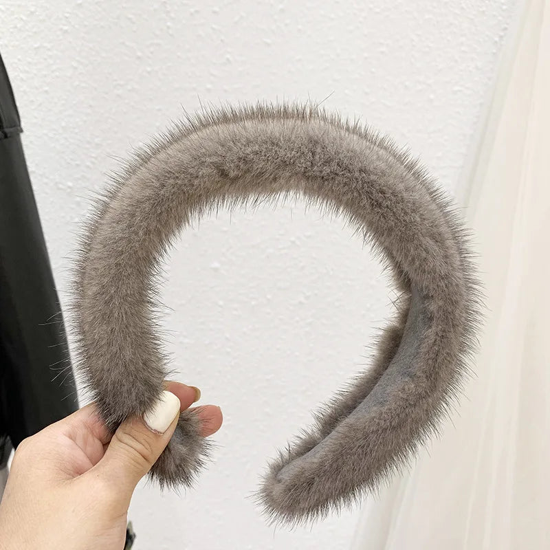 Hot Sale Women Luxury winter 100% Real Mink Fur Headbands Real Fur Hair Band Lady Fashion Hair Hoop Furry Gift Grey