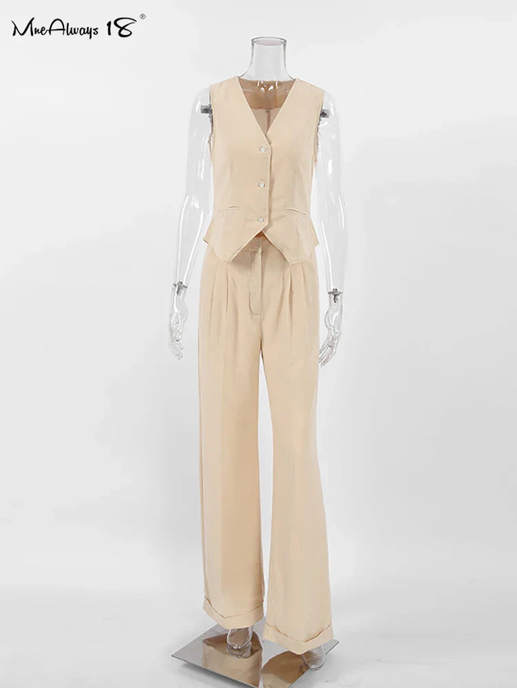 Mnealways18 Khaki Elegant Women 2 Pieces Sets Cotton Linen V-Neck Sleeveless Vest Outfit Summer Vacation Wide Leg Pant Sets 2023 Khaki