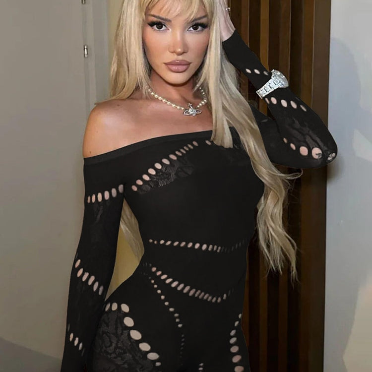 Sisterlinda Sexy Hollow See Through Romper Women Long Sleeve One Shoulder Skinny One Piece Playsuit Female Workout Overalls 2024 Black One Size