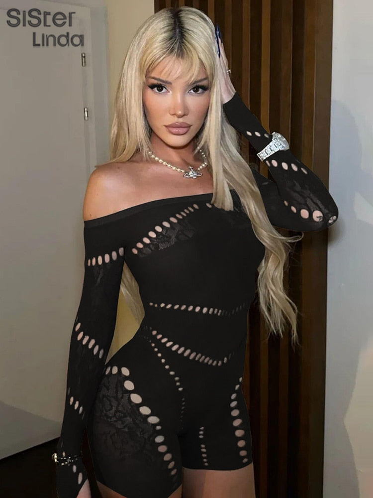 Sisterlinda Sexy Hollow See Through Romper Women Long Sleeve One Shoulder Skinny One Piece Playsuit Female Workout Overalls 2024 Black One Size