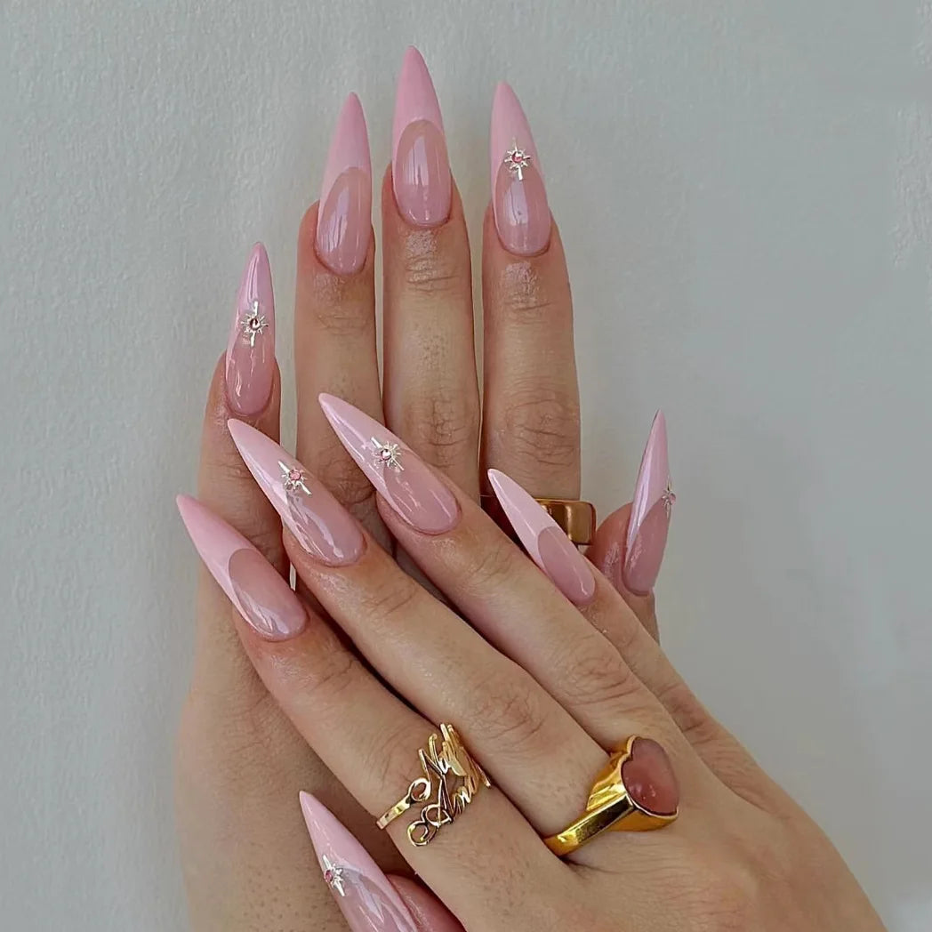 24Pcs Short Pink Fake Nails with French Gradient Design Wearable Almond False Nails Tips Golden Stripe Detachable Press on Nails 5