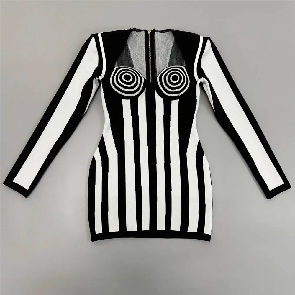 2024 Sexy Women Light Luxury Stripe Dress Strapless Long Sleeve Bodycon Mini Dress Celebrity Cocktail Club Evening Party Vestido black