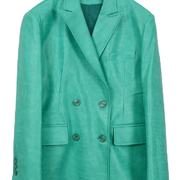 LautaroSpring Autumn Loose Casual Crocodile Print Faux Leather Blazer Jacket for Women Double Breasted Luxury Korean Fashion