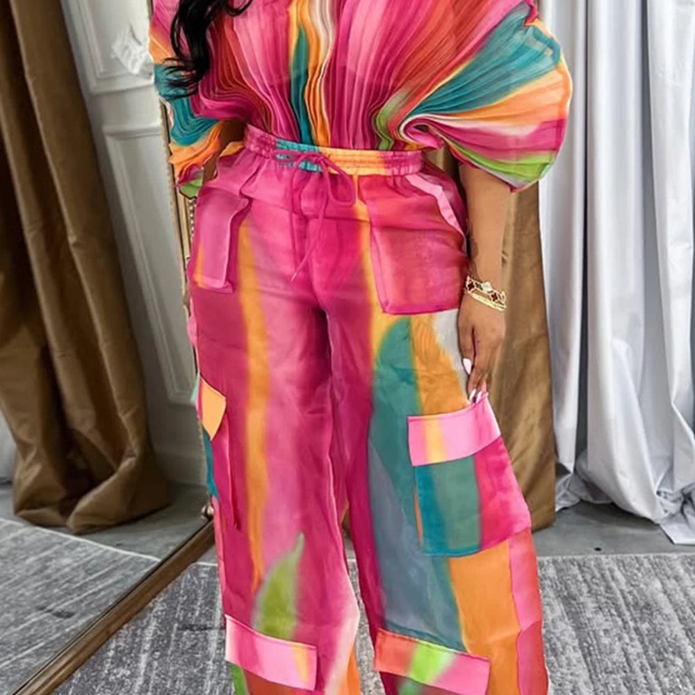Plus Size Daily Hot Pink Gradient Round Neck Batwing Sleeve Half Sleeve Cargo Pleated Two Piece Pant Sets Hot Pink