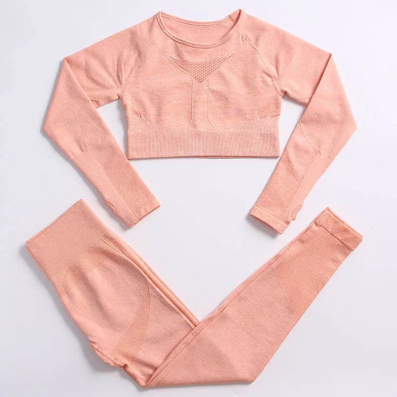 2PCS Seamless Women Sports Suits Yoga Set Workout Sportswear Gym Clothing Fitness Long Sleeve Crop Top High Waist Leggings ShirtsPantsPink
