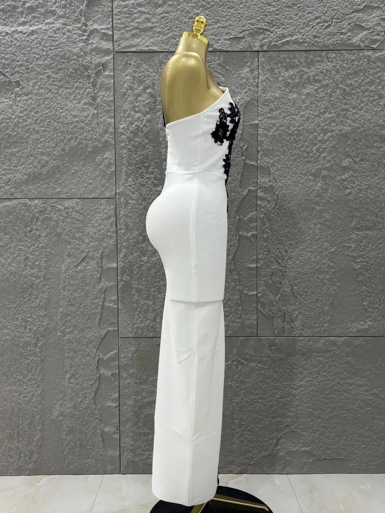 Top Women Sexy One Shoulder Black Lace Bodycon Long Bandage Dress Fashion Celebrate Evening Party Birthday Outfit