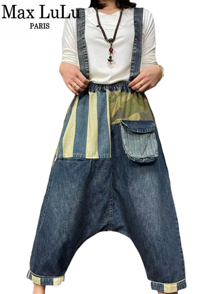 Max LuLu New Spring Women Patchwork Loose Casual Cross Pants European Style Punk Vintage Street Denim Trousers Pocket Jeans