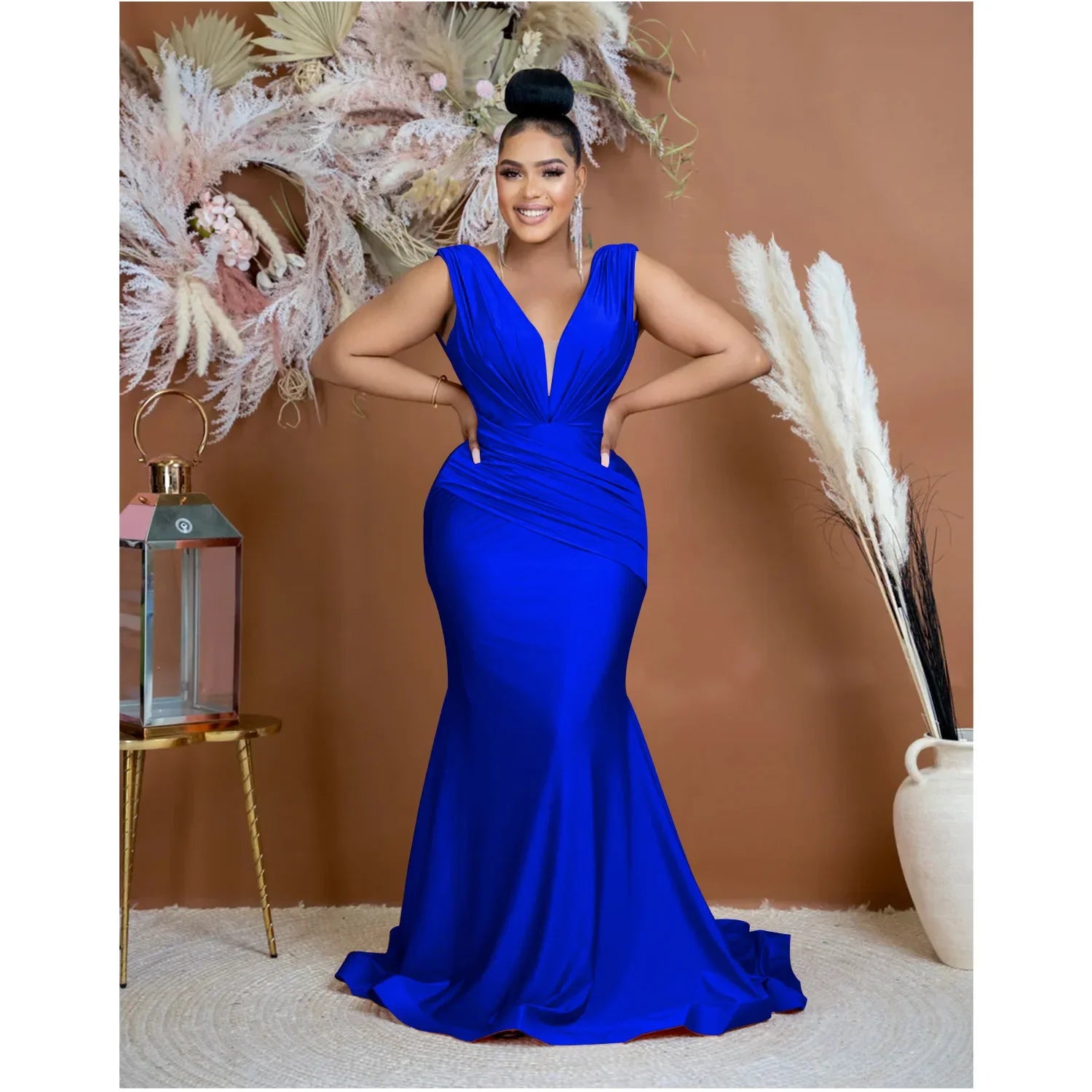 Women Draped Waist Shoulder Sleeveless Deep V-neck Maxi Long Trumpet Mermaid Dress 2023 Club Sexy Party Evening Dresses Blue