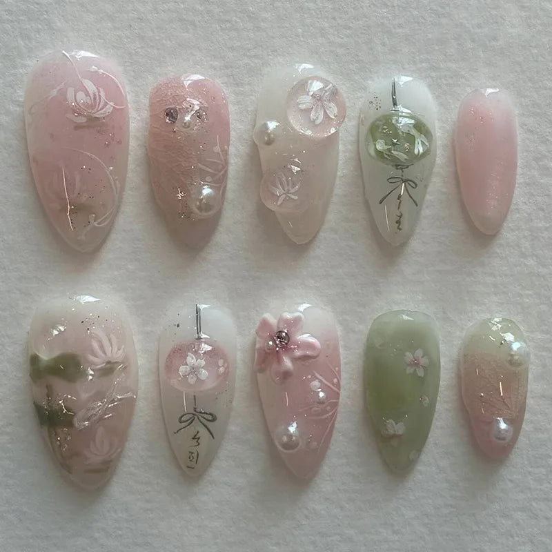 24pcs Sweet Almond Fake Nail Tips Hand-painted Flower Pearl Pattern Blush Pink Press On Nails Gentle Ins Style False Nails Y1