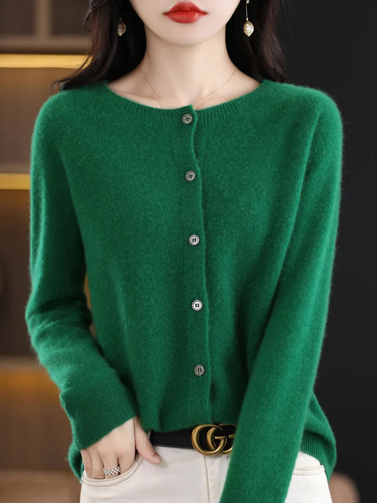 Aliselect Autumn Winter Women 100% Merino Wool Sweater O-Neck Tops Long Sleeve Basic Cashmere Knitwear Cardigan Clothing Coat green