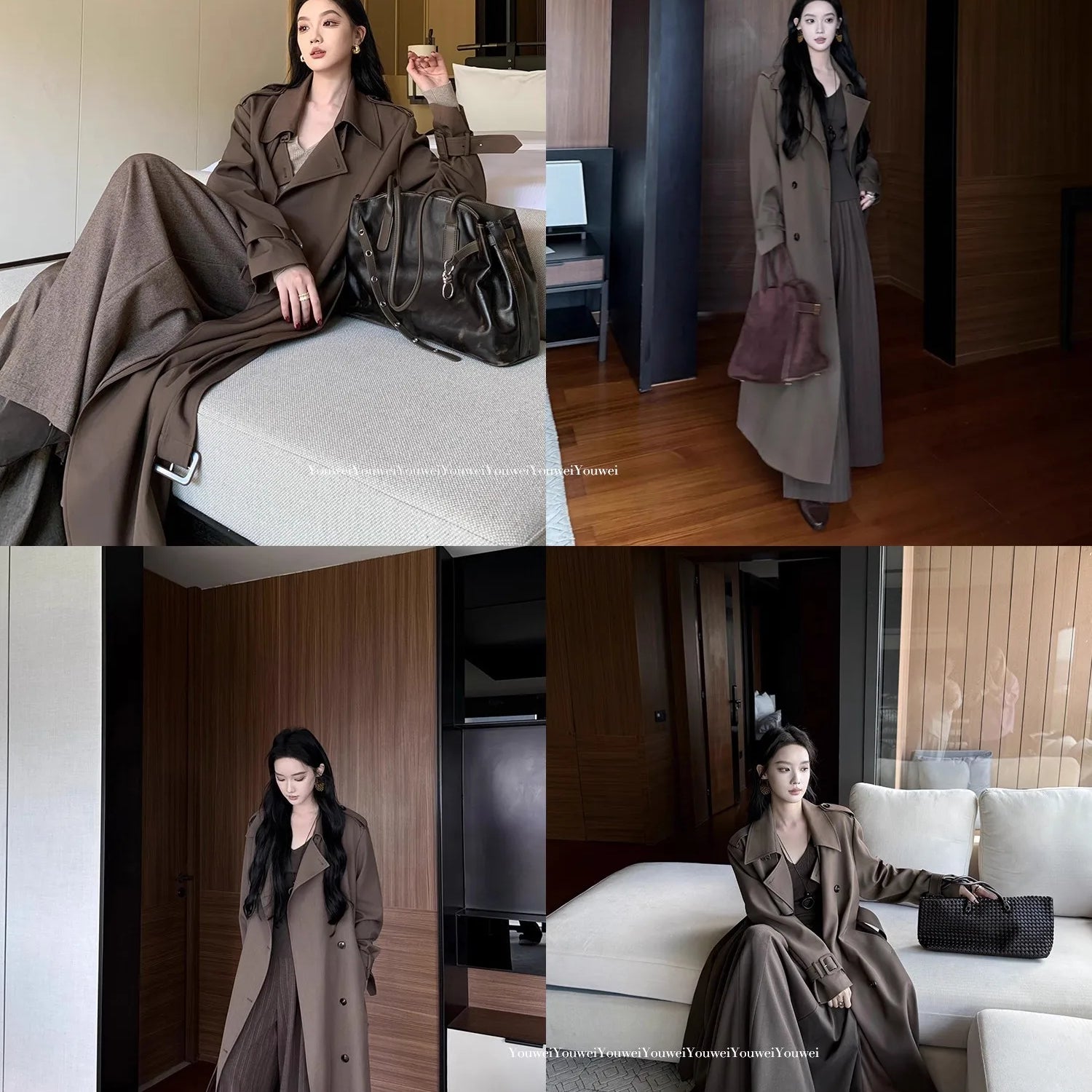 Lautaro Spring Autumn Long Flowy Coffee Trench Coat for Women Belt Double Breasted Loose Casual Overcoat Korean Clothes 2025