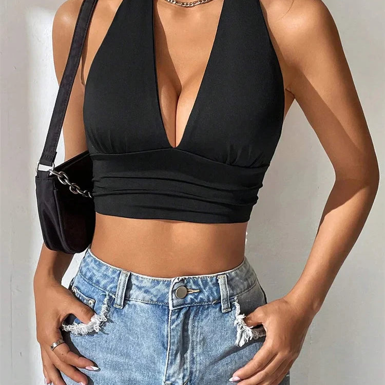 Sleeveless Backless Deep V-neck Halter Top Women Summer Club Party Sexy Solid Color Crop Tops Streetwear Y2K Clothes black