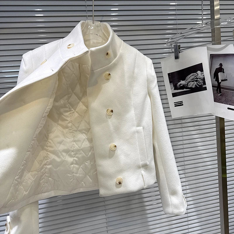 Winter New Style Elegant Double-Breasted Woolen Quilted Stand Collar Coat A-line Short Skirt Set For Women 11A07948