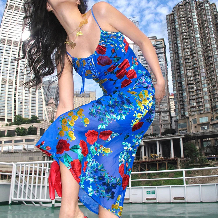 Blue Sexy Spaghetti Strap Party Women Dress Chic Backless Floral Printed Midi Velvet Drawstring Sling Cocktail Party Gowns