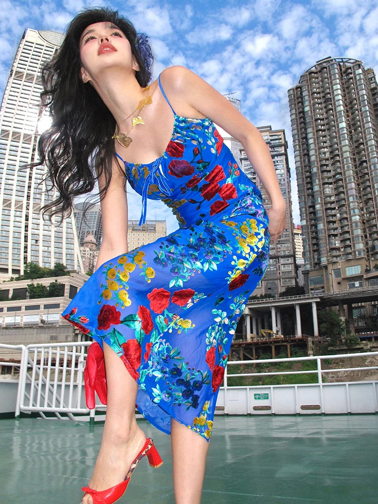 Blue Sexy Spaghetti Strap Party Women Dress Chic Backless Floral Printed Midi Velvet Drawstring Sling Cocktail Party Gowns
