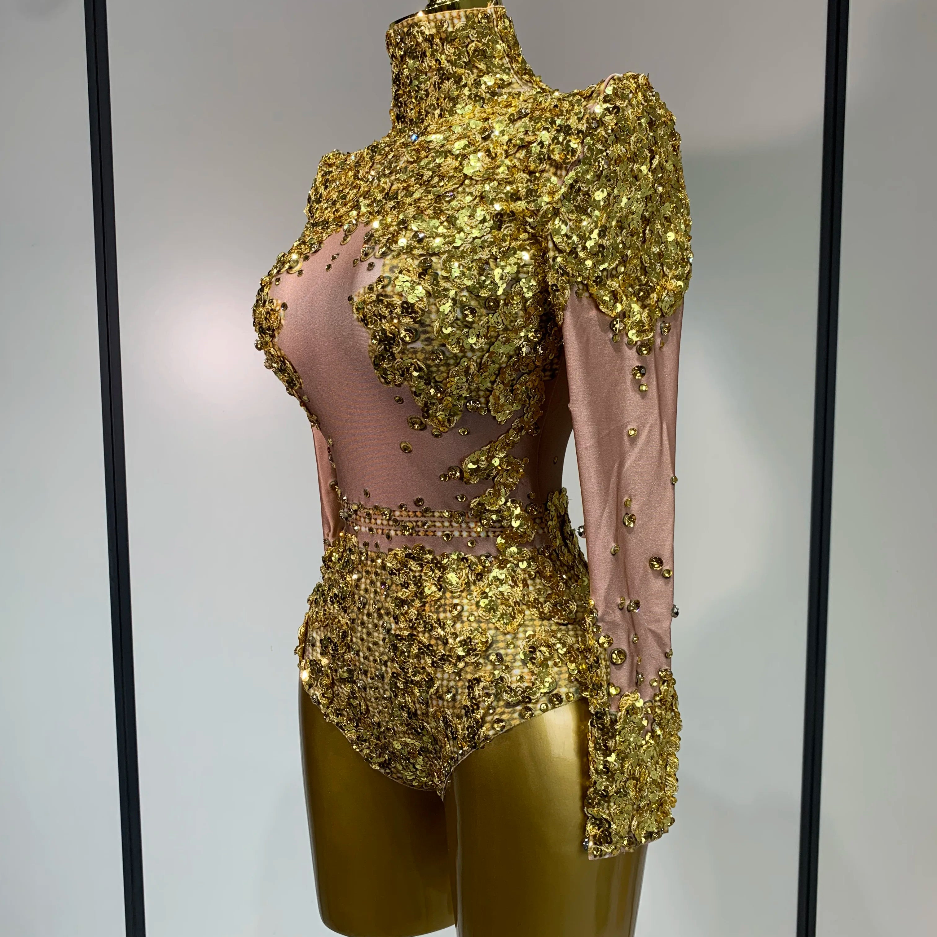 Sparkly Gold Rhinestone Sequin Stretch Bodysuits 2025 Women Luxury Birthday Party Nightclub Dancer Stage Performance Costume