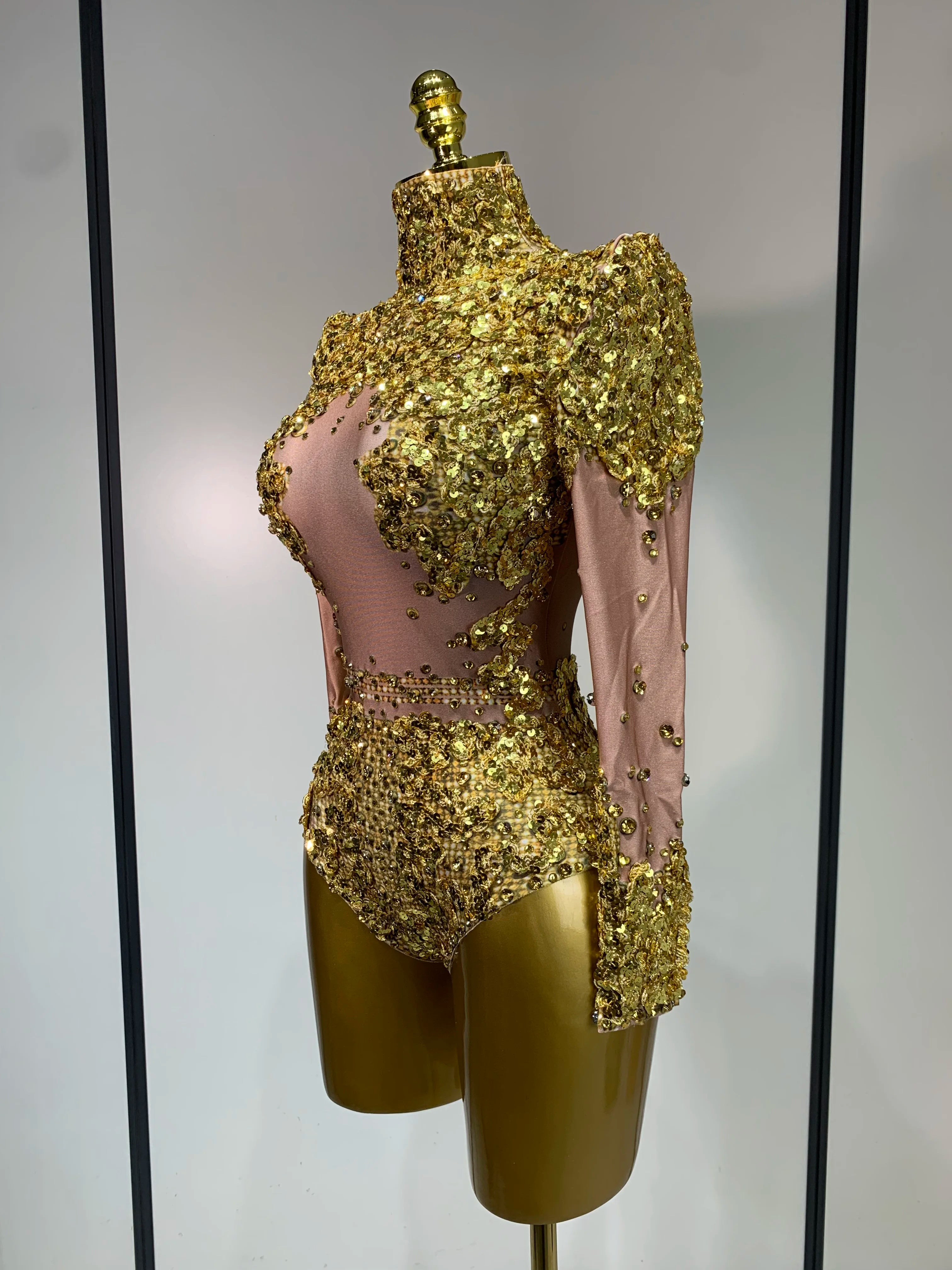 Sparkly Gold Rhinestone Sequin Stretch Bodysuits 2025 Women Luxury Birthday Party Nightclub Dancer Stage Performance Costume